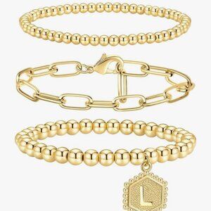 Gold Bracelet stack w/ “L” Initial (New)
